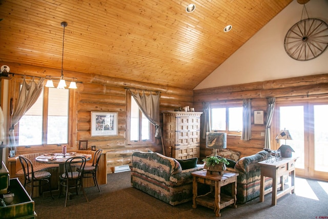 living room featuring dark carpet, rustic walls, high vaulted ceiling, and wood ceiling