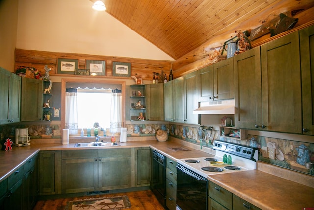 kitchen featuring wooden ceiling, dark hardwood / wood-style flooring, white electric range, sink, and vaulted ceiling