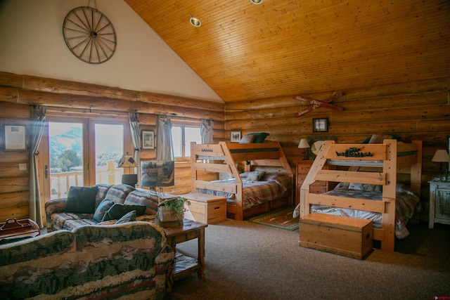 bedroom with rustic walls, high vaulted ceiling, and dark colored carpet