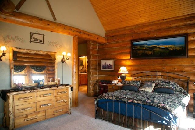 bedroom with light colored carpet, log walls, and vaulted ceiling