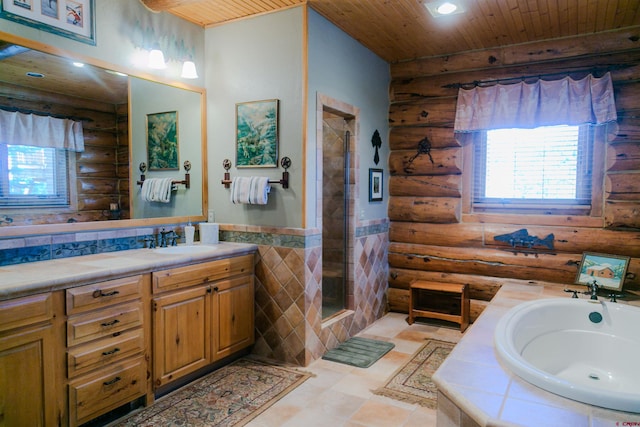 bathroom with separate shower and tub, rustic walls, vanity, and wood ceiling