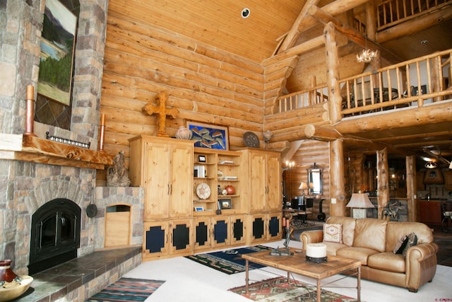 carpeted living room featuring high vaulted ceiling, rustic walls, and a stone fireplace