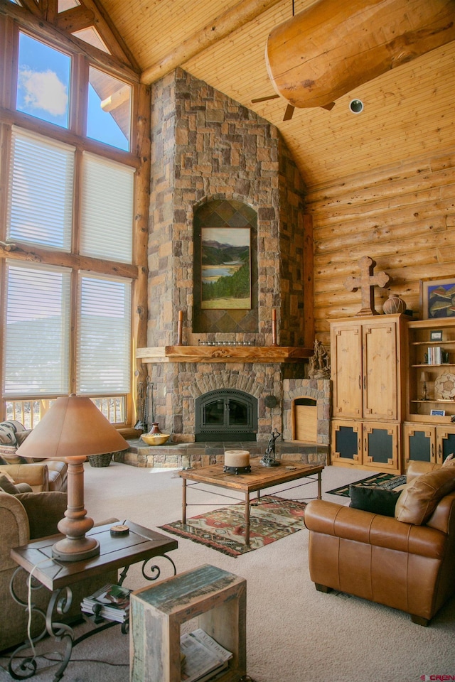 carpeted living room featuring high vaulted ceiling, rustic walls, wood ceiling, and a fireplace