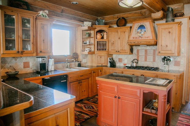 kitchen with stainless steel gas stovetop, sink, custom range hood, dishwasher, and wood ceiling