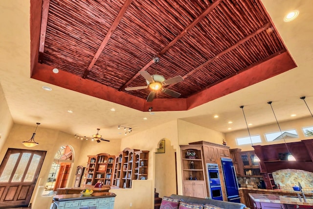 details featuring sink, ceiling fan, premium range hood, a tray ceiling, and black appliances