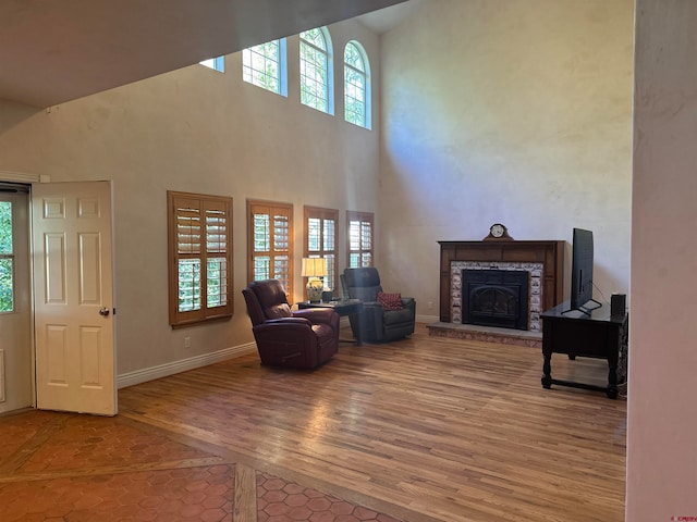 living room featuring a high ceiling, a stone fireplace, and hardwood / wood-style flooring