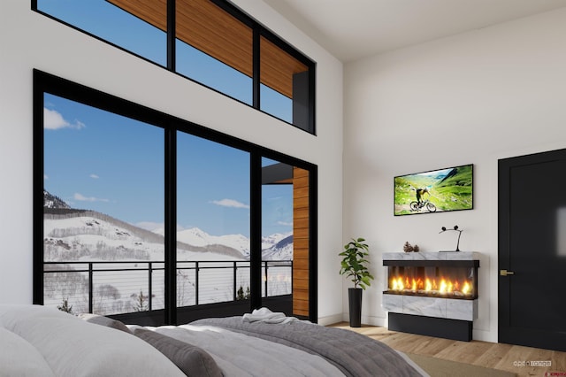 bedroom featuring a mountain view and light hardwood / wood-style floors