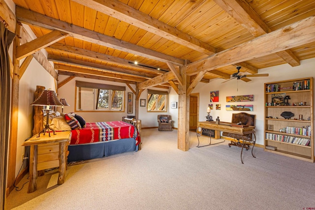 bedroom with light colored carpet, wooden ceiling, and beamed ceiling