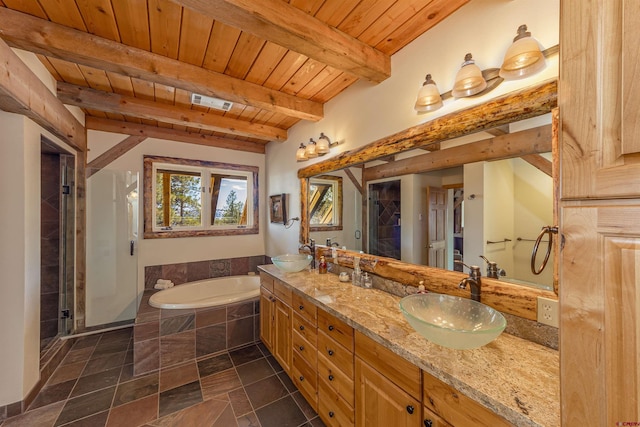 bathroom with vanity with extensive cabinet space, beamed ceiling, wooden ceiling, dual sinks, and tile flooring