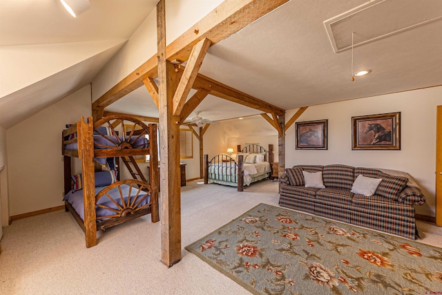 carpeted bedroom with lofted ceiling and a textured ceiling