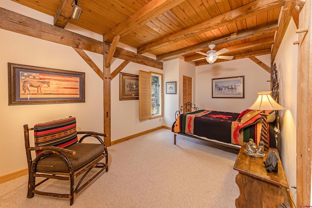 bedroom with wooden ceiling, ceiling fan, beam ceiling, and light colored carpet