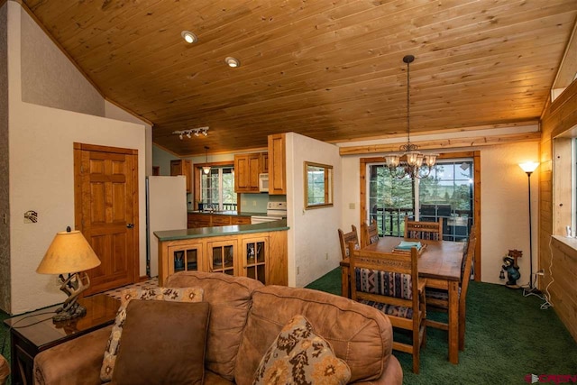 dining room featuring wooden ceiling, an inviting chandelier, lofted ceiling, and plenty of natural light