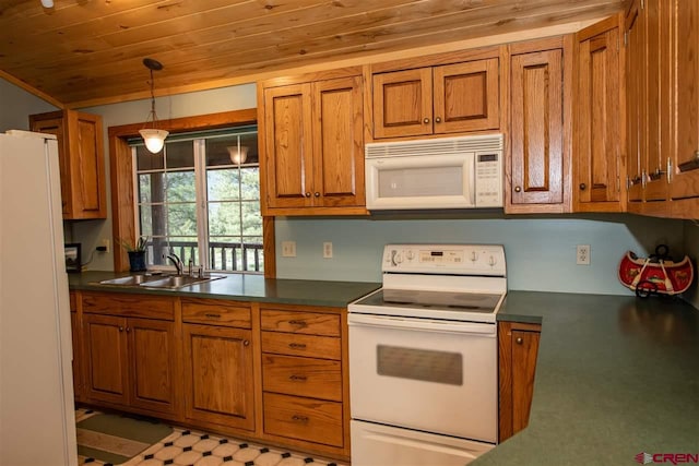 kitchen with white appliances, wood ceiling, decorative light fixtures, and sink