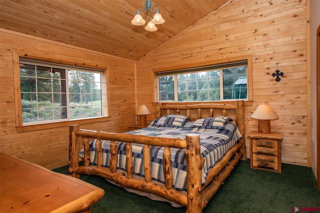 carpeted bedroom with wooden ceiling, a notable chandelier, wood walls, and lofted ceiling