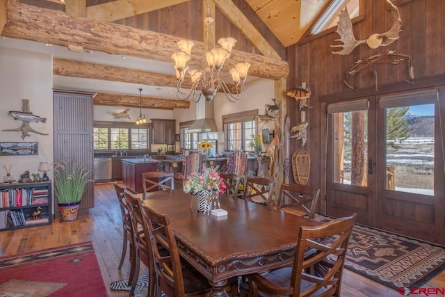 dining room with dark wood-type flooring, beam ceiling, high vaulted ceiling, a chandelier, and wood walls