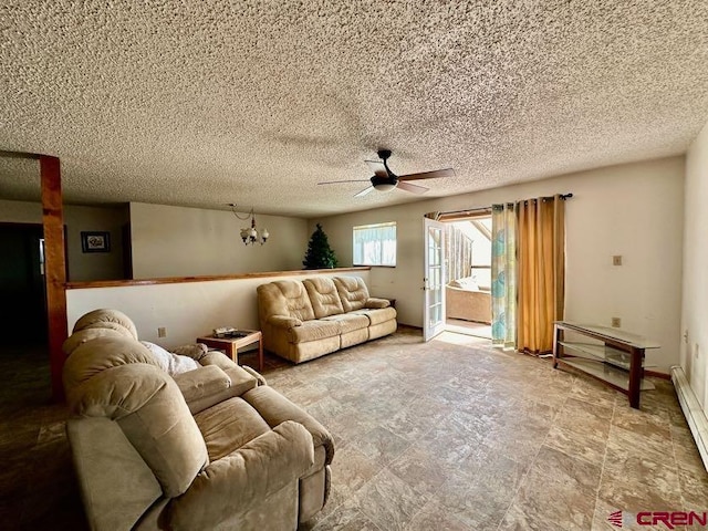 tiled living room featuring a textured ceiling, ceiling fan, and baseboard heating