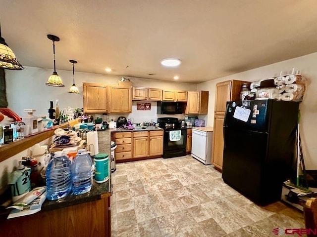 kitchen featuring hanging light fixtures, black appliances, and light tile flooring