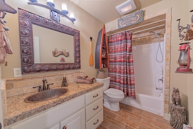 full bathroom with tasteful backsplash, vanity, toilet, and shower / bath combination with curtain