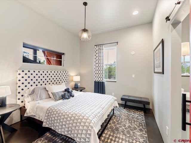 bedroom featuring wood-type flooring and multiple windows