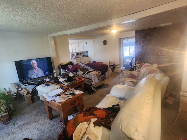 carpeted living room with a textured ceiling