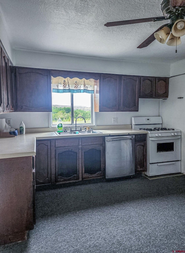 kitchen featuring ceiling fan, a textured ceiling, sink, dishwasher, and white range with gas stovetop