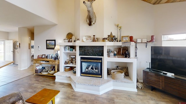 living room with a multi sided fireplace and hardwood / wood-style floors