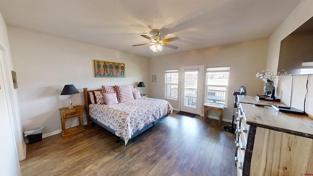 bedroom with dark wood-type flooring, ceiling fan, and access to exterior