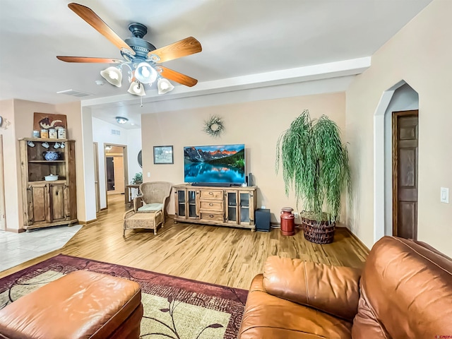 living room with ceiling fan and hardwood / wood-style flooring