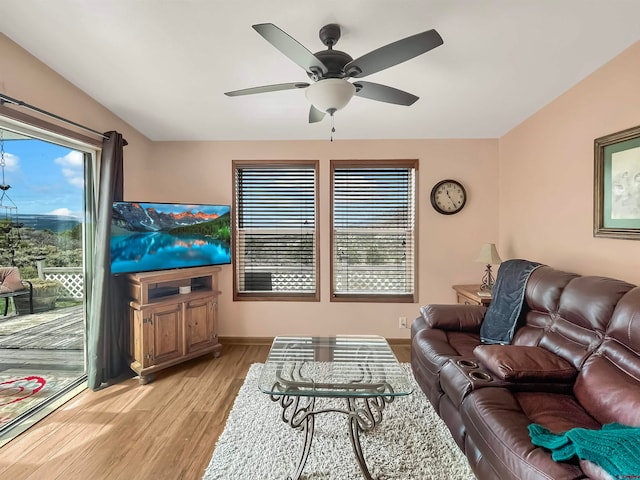 living room featuring ceiling fan and light wood-type flooring