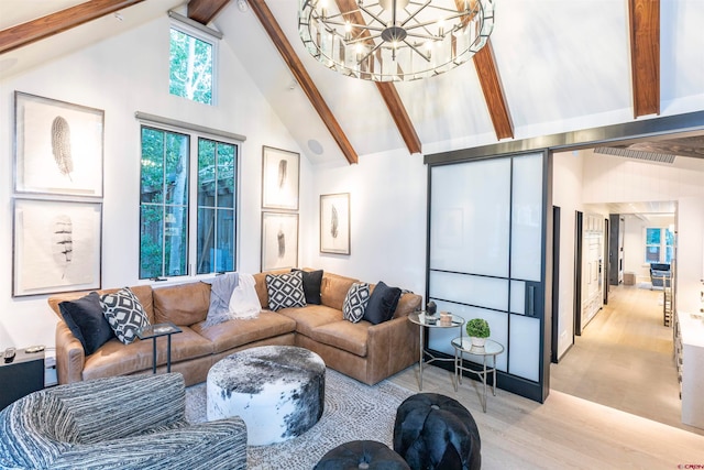 living room featuring beamed ceiling, a notable chandelier, high vaulted ceiling, and light wood-type flooring