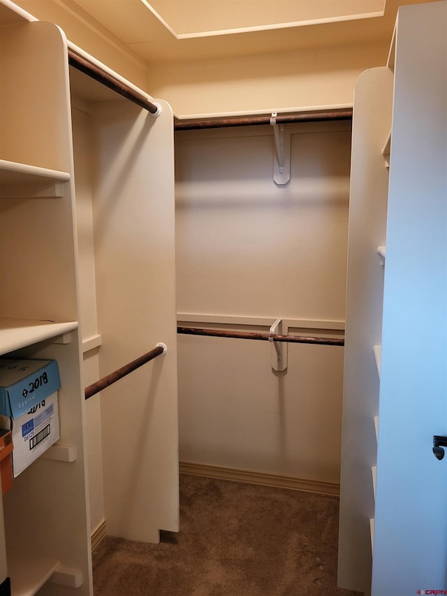 spacious closet featuring dark carpet