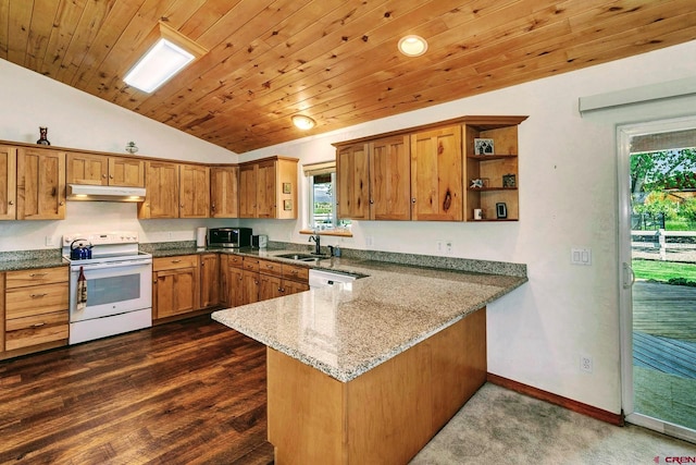 kitchen with kitchen peninsula, white appliances, dark hardwood / wood-style flooring, light stone counters, and lofted ceiling