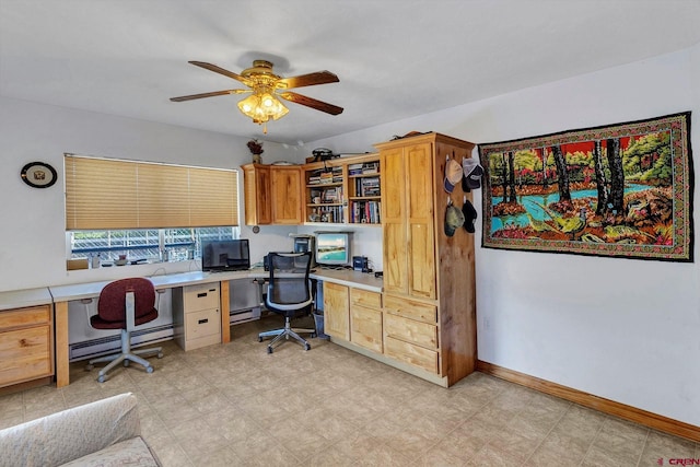 tiled home office with baseboard heating and ceiling fan