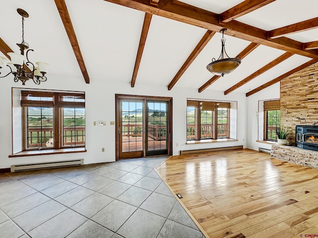 unfurnished living room featuring an inviting chandelier, a baseboard radiator, light hardwood / wood-style flooring, high vaulted ceiling, and beamed ceiling