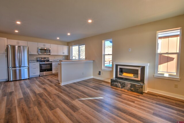 kitchen with white cabinets, stainless steel appliances, dark wood-style flooring, and a glass covered fireplace