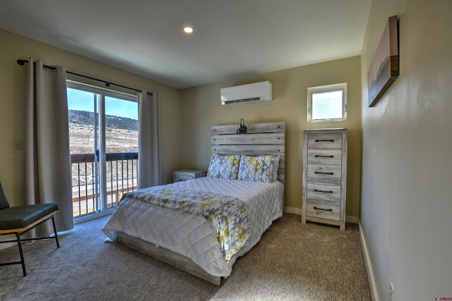 bedroom featuring carpet, access to outside, a wall unit AC, and multiple windows