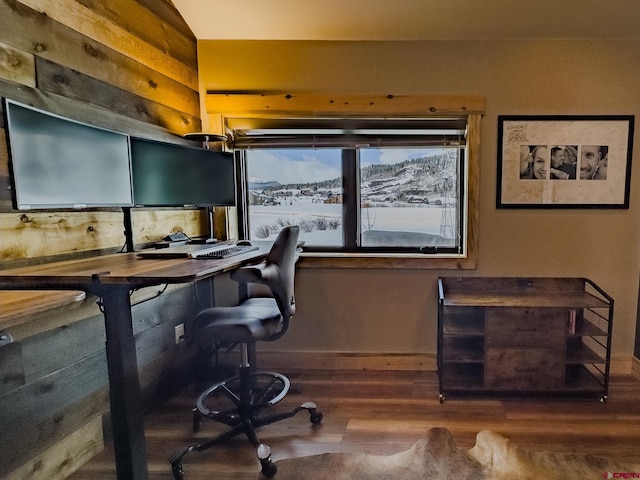 office with dark hardwood / wood-style floors and a mountain view