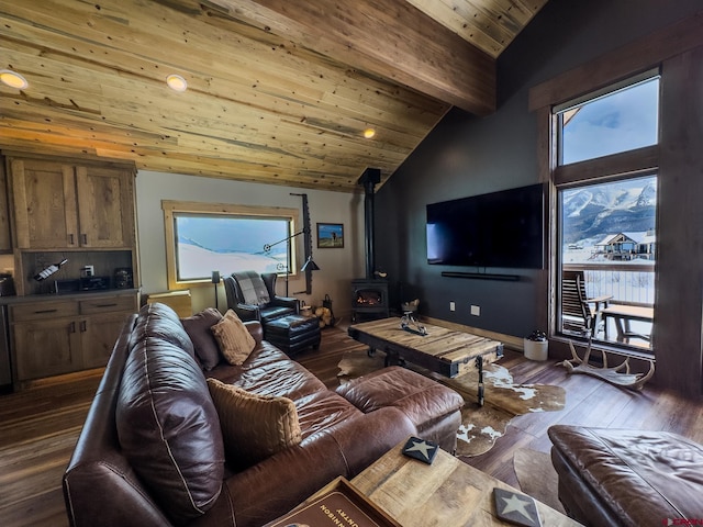 living room featuring wooden ceiling, high vaulted ceiling, wood-type flooring, and a wood stove