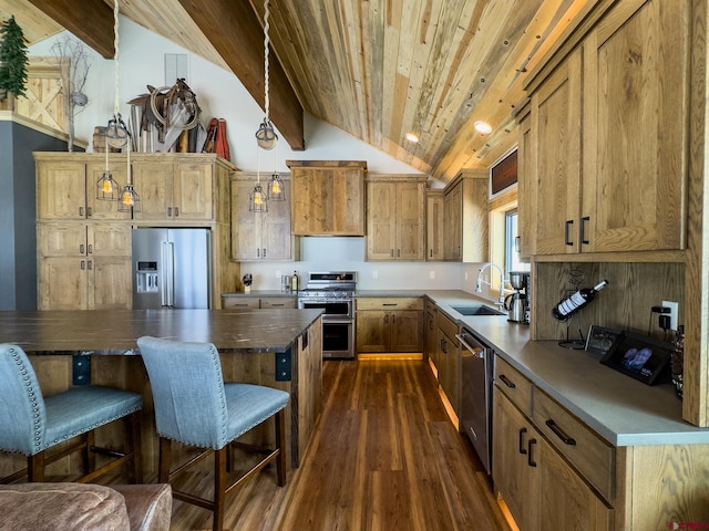 kitchen featuring hanging light fixtures, lofted ceiling with beams, dark hardwood / wood-style flooring, premium appliances, and sink