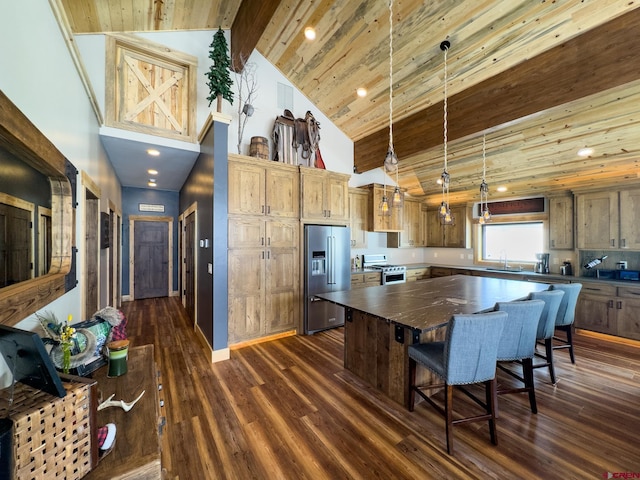 kitchen with high quality fridge, dark hardwood / wood-style floors, double oven range, high vaulted ceiling, and wood ceiling