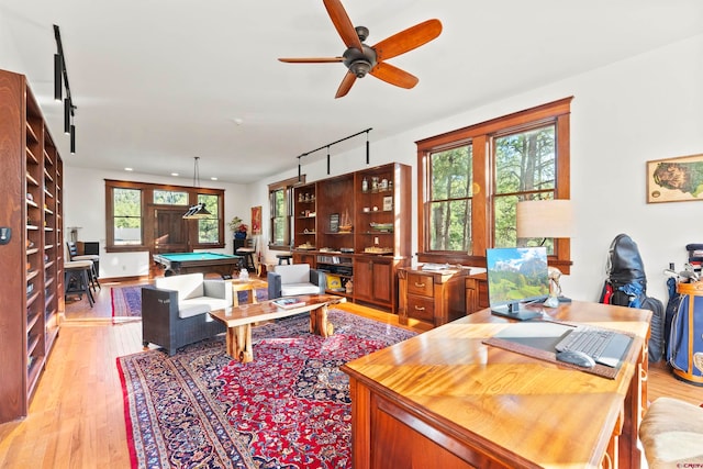 living room featuring pool table, ceiling fan, light wood-type flooring, and rail lighting