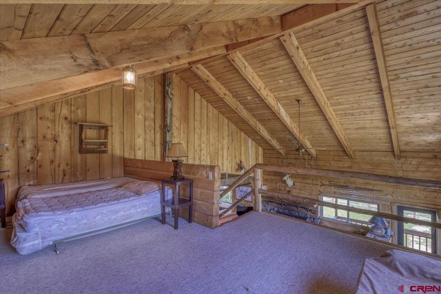 101 Spirit Path Ct, Pagosa Springs, CO 81147 - unfurnished bedroom with wood walls, wood ceiling, and carpet floors