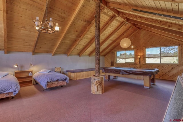 101 Spirit Path Ct, Pagosa Springs, CO 81147 - bedroom with wood ceiling, carpet, a chandelier, and billiards