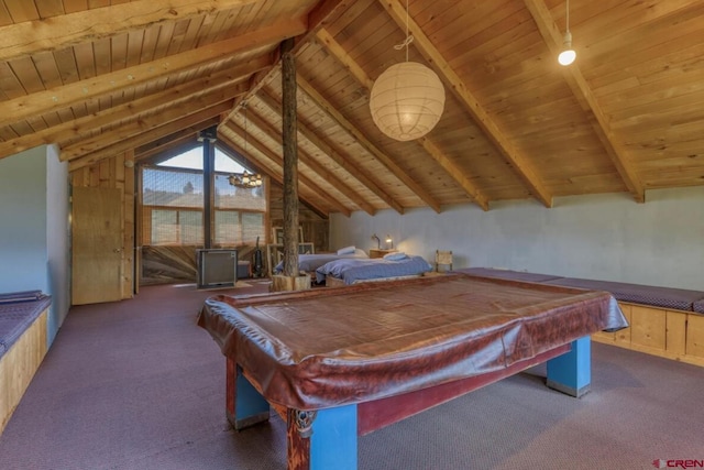 101 Spirit Path Ct, Pagosa Springs, CO 81147 - playroom featuring wooden ceiling, carpet flooring, and pool table