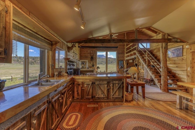101 Spirit Path Ct, Pagosa Springs, CO 81147 - kitchen featuring a sink, dark wood-style floors, vaulted ceiling, wooden walls, and track lighting