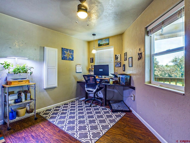 office with ceiling fan and wood-type flooring