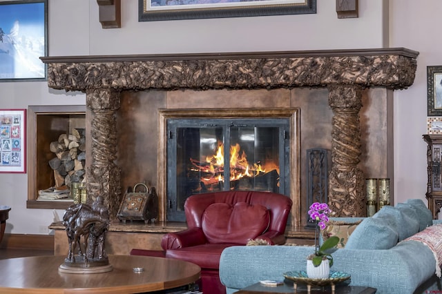 interior space featuring a stone fireplace