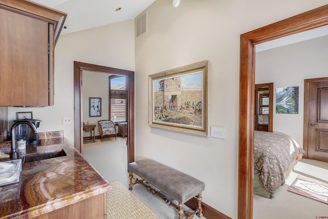 corridor with light carpet and sink