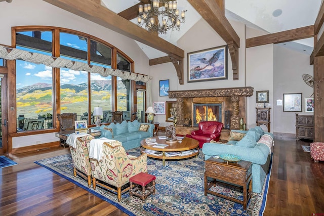 living room featuring beam ceiling, an inviting chandelier, high vaulted ceiling, and hardwood / wood-style flooring