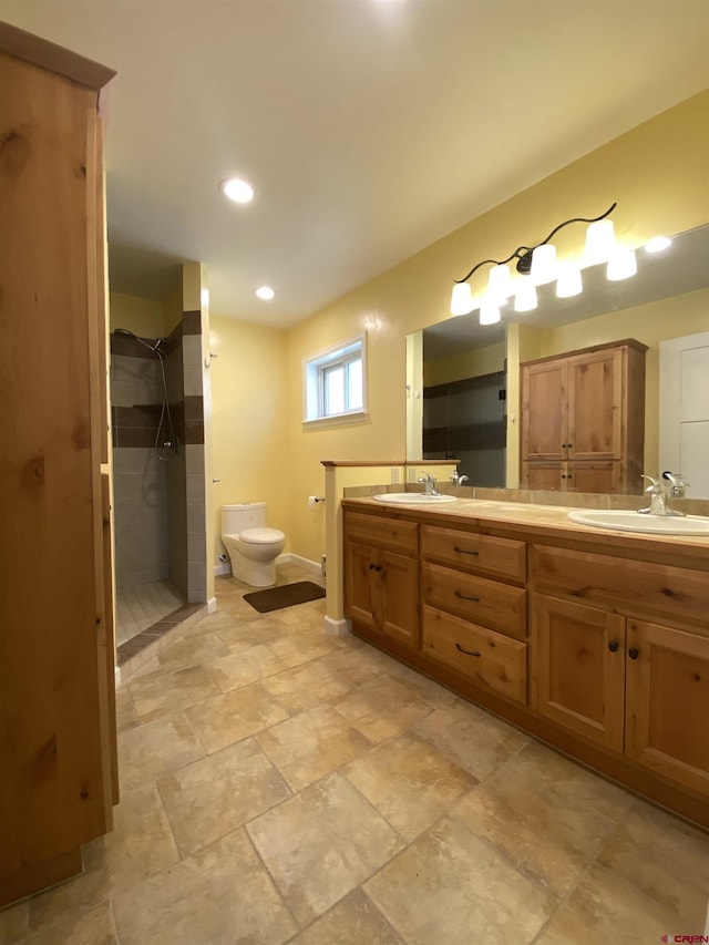 bathroom with a shower, vanity, and toilet